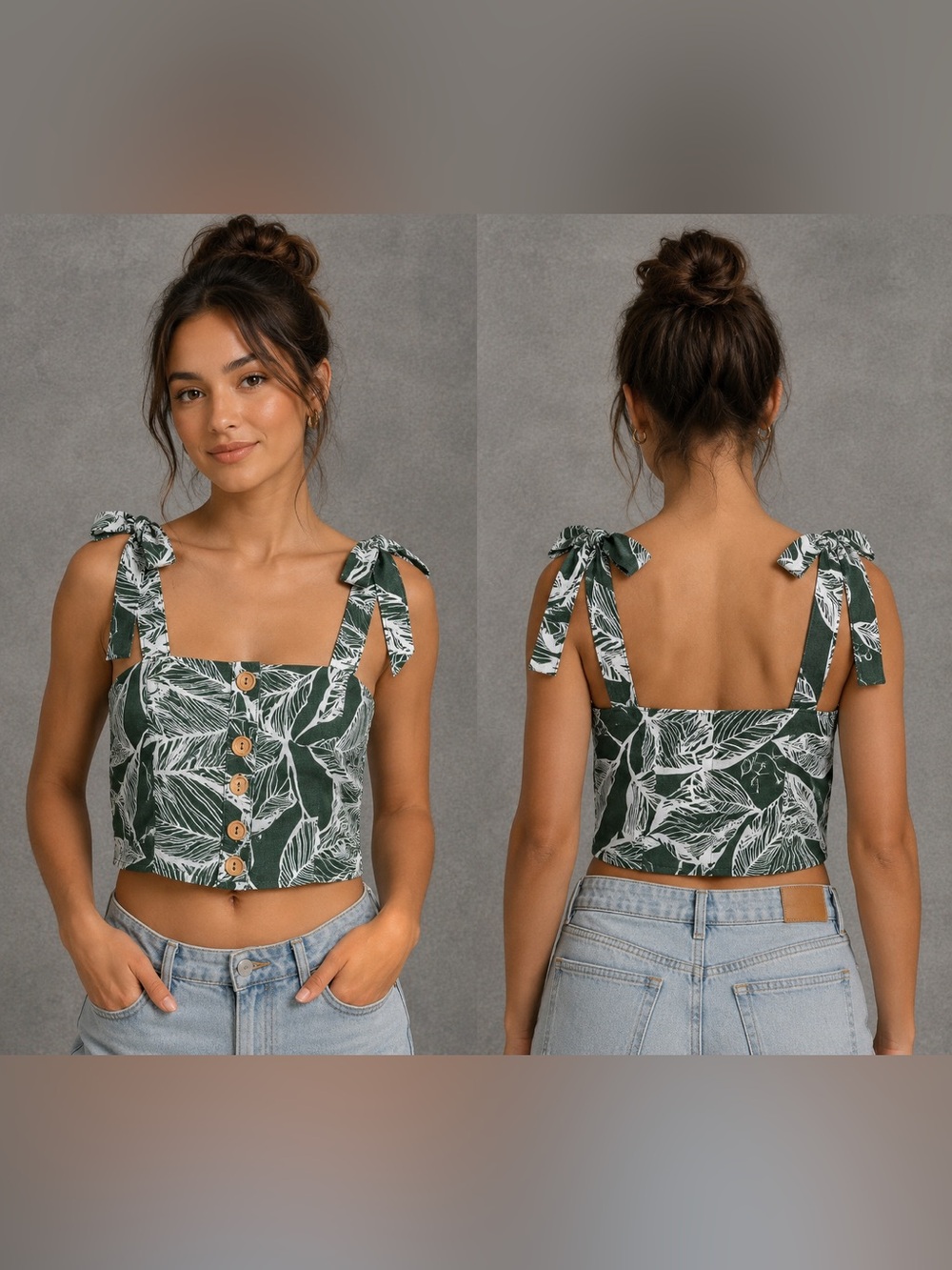 Etophe Studios Green Tropical Leaf-Print Tie Strap Crop Top Size Small -GUC